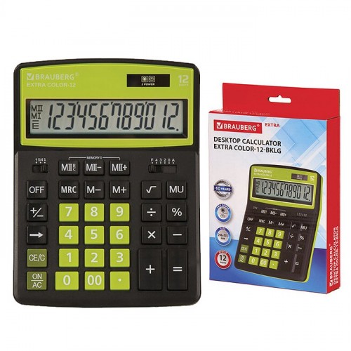 Калькулятор настольный EXTRA COLOR-12-BKLG (206x155 мм), 12 разрядов,двойное питание,черно-салатовый